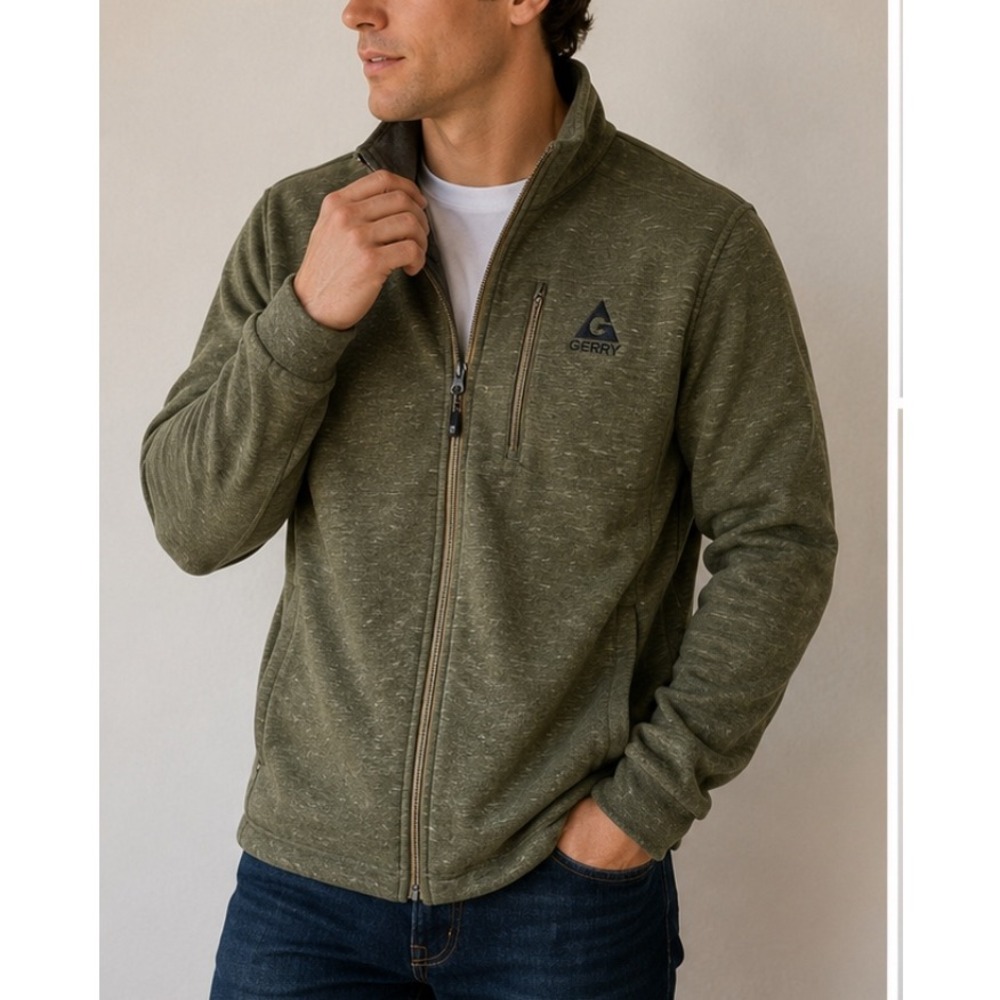 Gerry Mens Full Zip Fleece Jacket Olive Green Heather Outdoor Sweater Medium